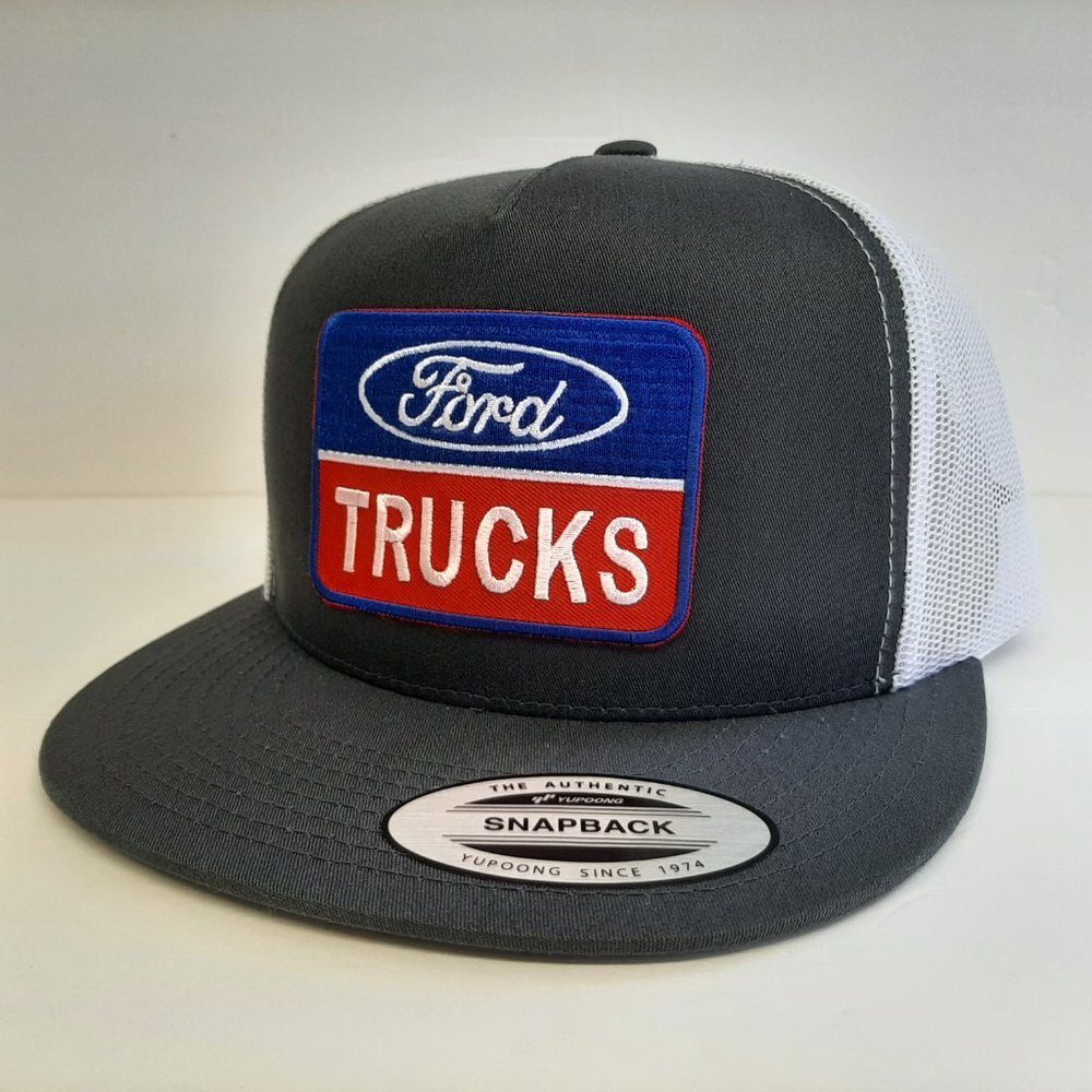 Ford Trucks Embroidered Patch Flat Bill Mesh Snapback Cap Hat Gray